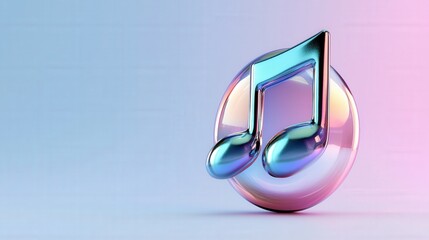 A 3D icon of a sleek music note in iridescent colors