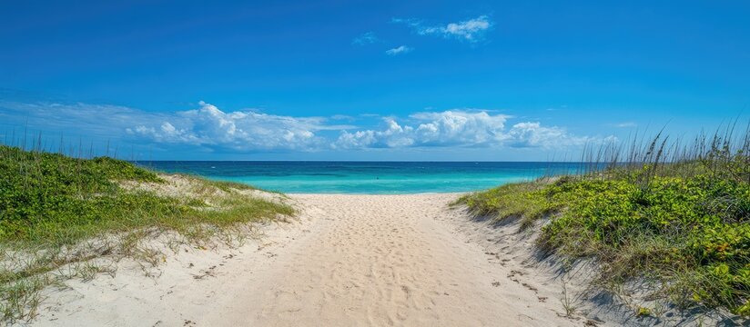 Tranquil pathway through sand dunes leading to a serene beach under a clear blue sky evoking a sense of peace and natural beauty