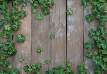 Lush Green Clover Leaves Framing Rustic Wooden Background Creating a Natural and Serene Atmosphere for Home or Garden Decor
