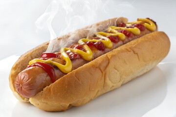 Delicious hot dog with ketchup and mustard isolated on white