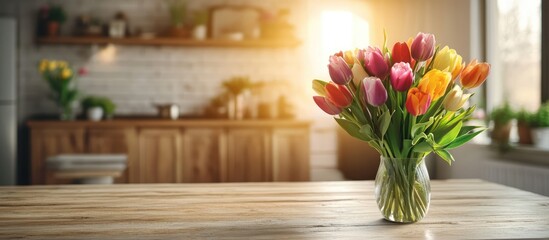 Colorful tulip bouquet in glass vase on rustic wooden table enhancing warm spring ambiance for home decor and website header design