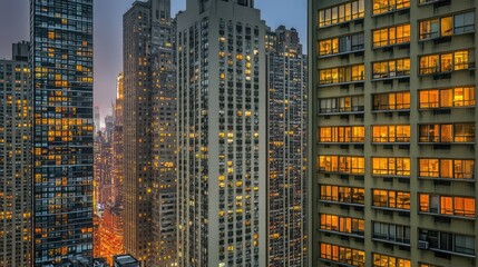 Obraz premium Nighttime Cityscape with Illuminated Windows in Urban Environment