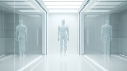 Fototapeta premium Futuristic corridor with human silhouettes.