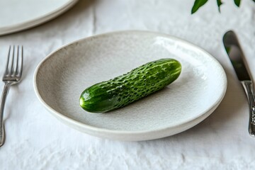 Fresh cucumber on a minimalist plate set for dining in a contemporary setting