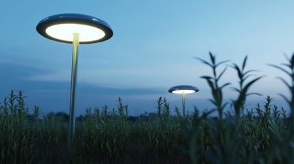 Futuristic lamps illuminating a grassy field at dusk.