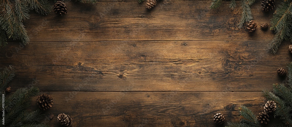 Poster rustic wooden background with fir tree branches and pine cones offering ample copy space for seasona