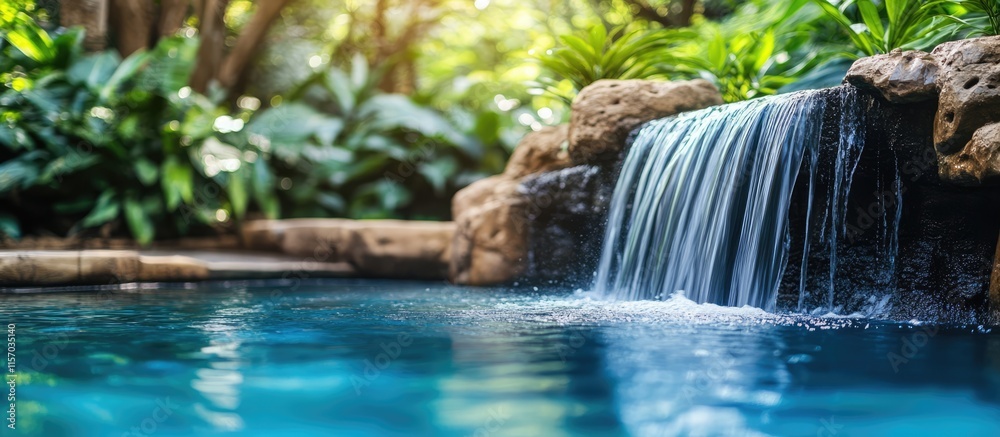 Poster tranquil water stream cascading into a serene blue pool surrounded by lush greenery ideal for relaxa