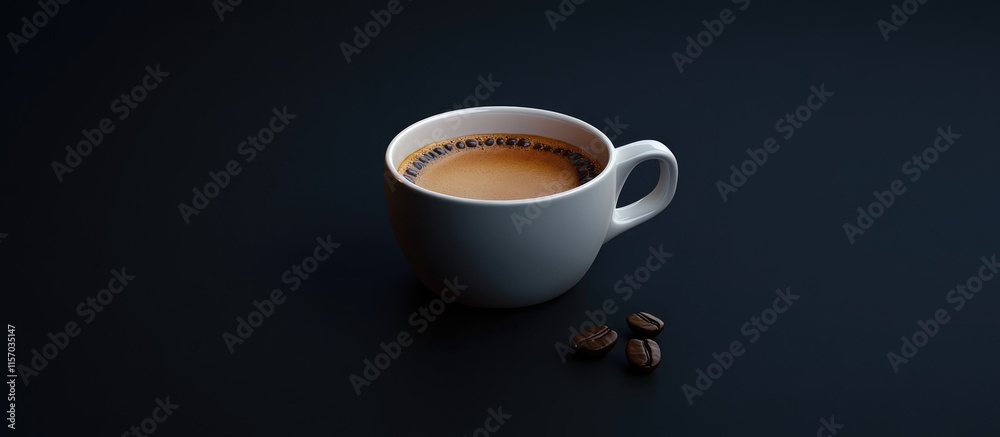 Poster white coffee cup with aromatic coffee on dark background showcasing coffee beans and ample space for