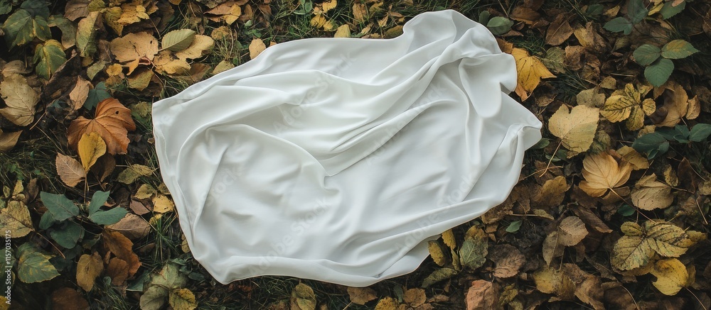 Aufkleber smooth white fabric draped on autumn leaves creating a serene aerial composition in nature showcasin