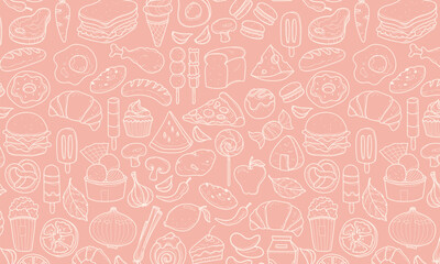Hand drawn set of miscelanous food doodles, vector seamless food pattern, paper wrap, restaurant menu, line hand drawings, vector illustration, minimalist color.