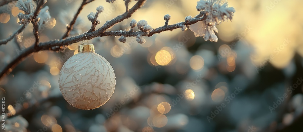 Fototapete decorative white ornament hanging on a snowy tree branch with shimmering bokeh background for winter