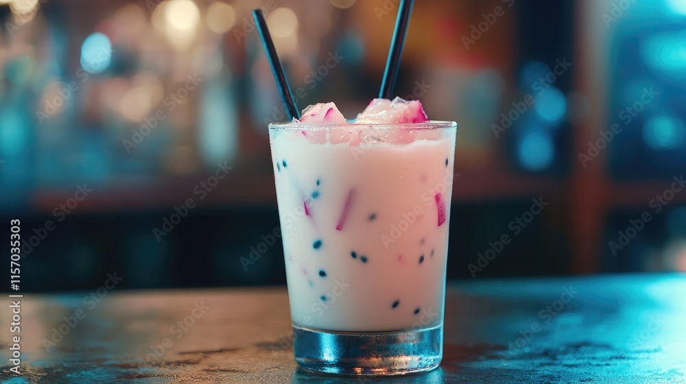 Poster refreshing white dragon fruit juice served in a glass with ice and straws on a bar counter with a bl