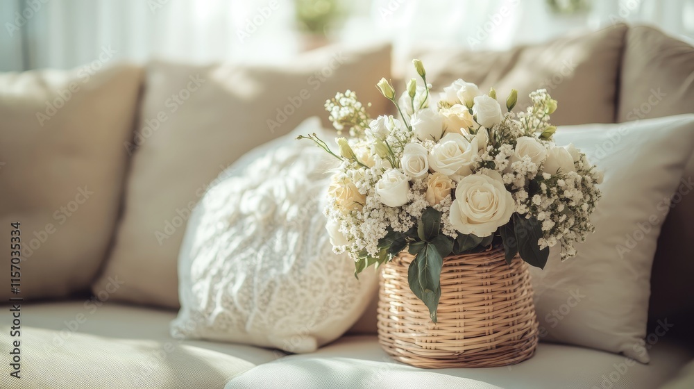 Poster elegant wedding bouquet in a rustic basket displayed on a cozy sofa creating a romantic home setting