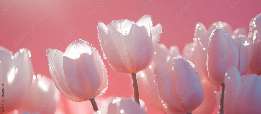 Poster elegant white tulips with dew on petals against a soft pink background symbolizing spring renewal an
