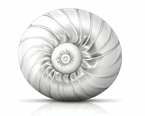 Obraz premium Stunning grayscale image of a nautilus shell, showcasing its intricate spiral structure and reflecting its beauty. Ideal for design, science, or nature-themed projects.