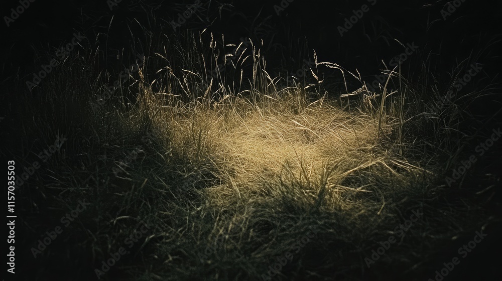 Aufkleber vintage grass illuminated by warm light in a dark setting creating a serene and nostalgic atmosphere