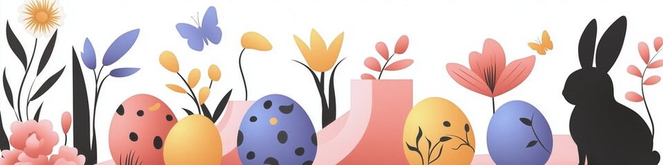 Colorful Easter Eggs Flowers and Bunny in Pastel Shades