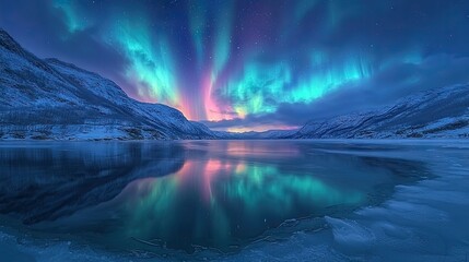 Naklejka premium Twilight in the Arctic: Frozen Landscapes Beneath the Dancing Aurora