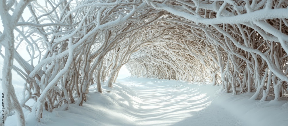 Leinwandbilder snow-covered tree branches forming a serene winter tunnel with soft light illuminating the path ahea