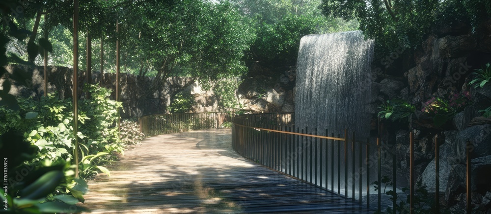 Poster lush walkway surrounded by greenery leading to a serene waterfall in a tranquil natural setting idea
