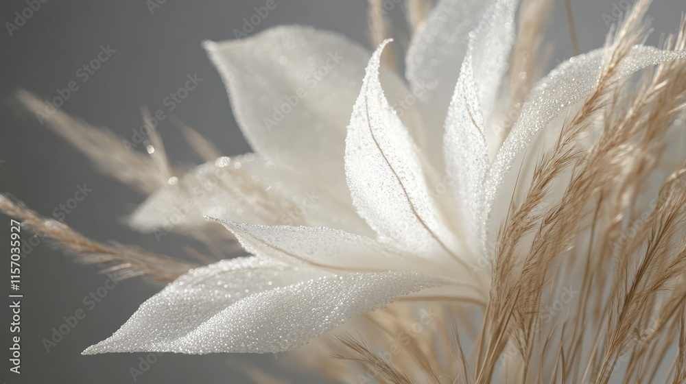 Poster delicate white flower and dried grass arrangement with dew drops in soft focus background