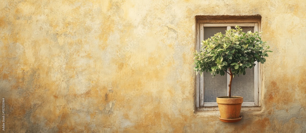 Poster charming vintage window with a potted tree against a textured yellow wall creating a warm and inviti