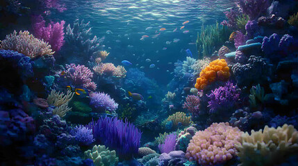 Naklejka premium Vibrant underwater scene showcasing a diverse coral reef teeming with colorful fish. Perfect for marine life, nature, and ocean-themed projects.