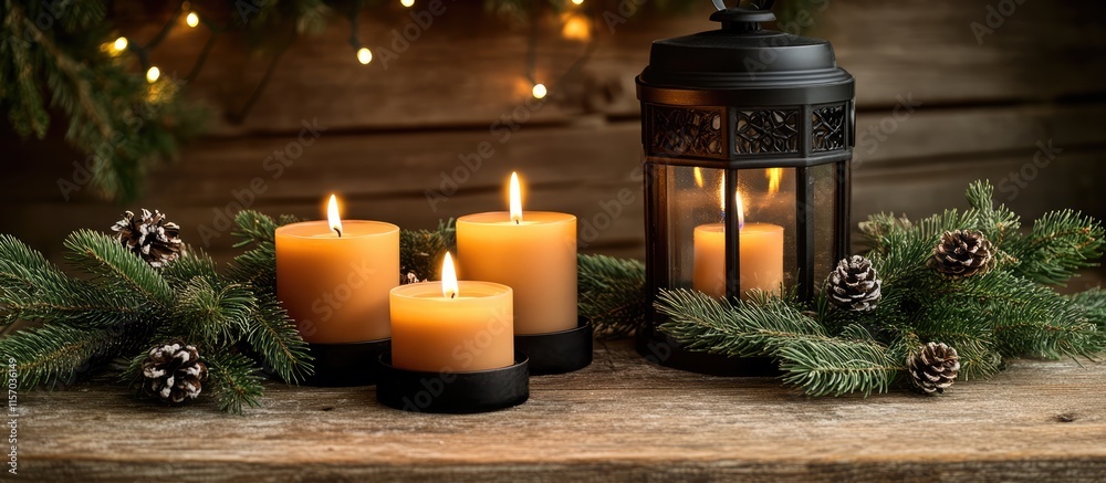 Poster festive ambiance with burning candles greenery and lantern on rustic wooden table creating a warm ho