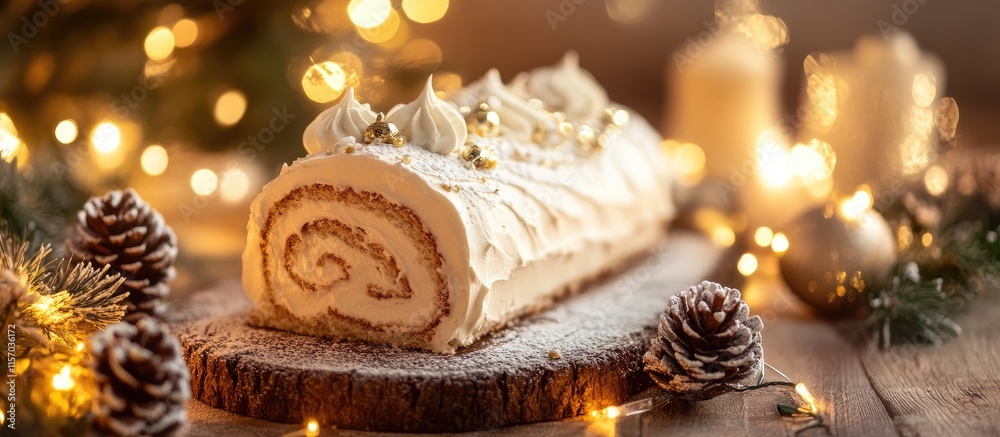 Poster white chocolate yule log cake displayed on a rustic wooden table adorned with festive lights and sea