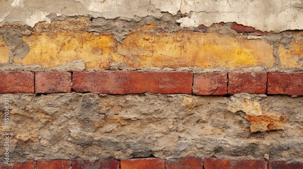 Poster Old brick wall with peeling paint and rough masonry texture showcasing vintage charm and urban decay in a horizontal layout.