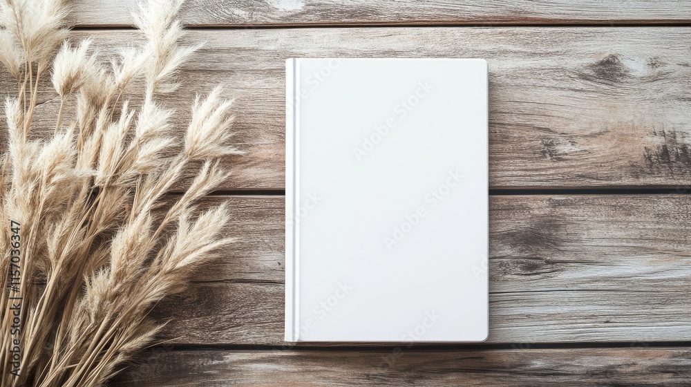 Aufkleber minimalist white book mockup with pampas grass arrangement on rustic wooden table surface for elegan