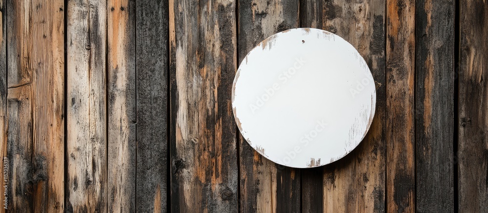 Poster rustic wooden wall with a blank white circular label designed for labeling or decorative purposes in