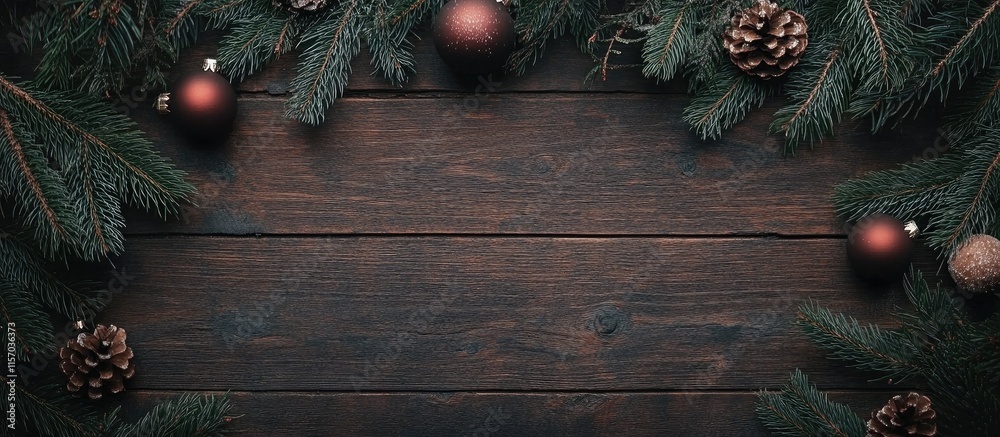 Poster rustic wooden backdrop adorned with fir tree branches and christmas ornaments creating a cozy holida