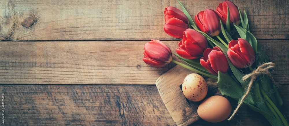 Poster festive vintage bouquet of fresh red tulips with decorated eggs tied in woolen string on rustic wood