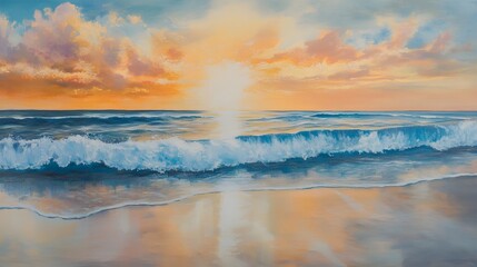 Obraz premium Sunset over ocean waves seaside landscape painting tranquil environment aerial view serene concept