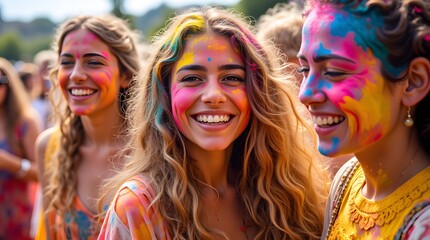 Obraz premium Joyful smiles, vibrant hues paint faces at a Holi festival. Pure happiness radiates!