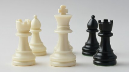 White chess pieces encircle black king symbolizing strategic victory on a neutral light background for business success concepts
