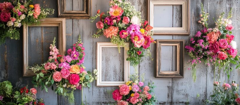 Rustic wall display of vintage frames filled with vibrant flowers perfect for festival or event decorations showcasing floral creativity
