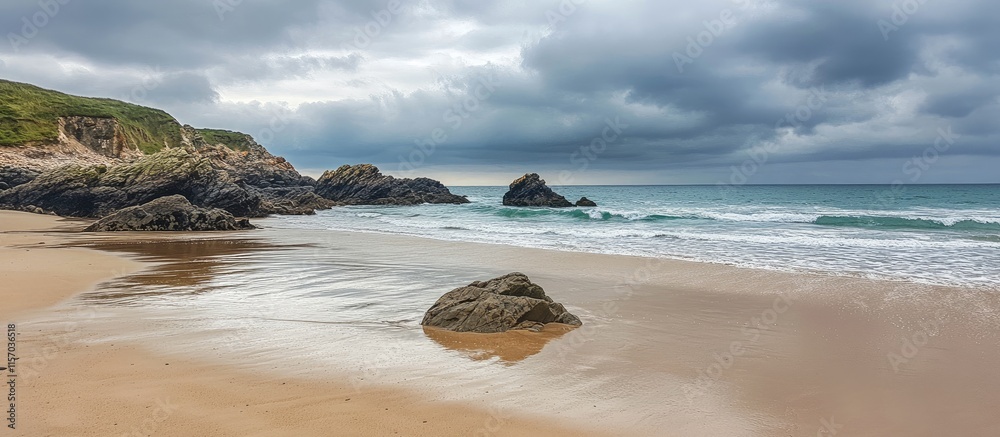 Aufkleber waves crashing on rocky beach under cloudy skies with gray sand and tranquil water creating a serene