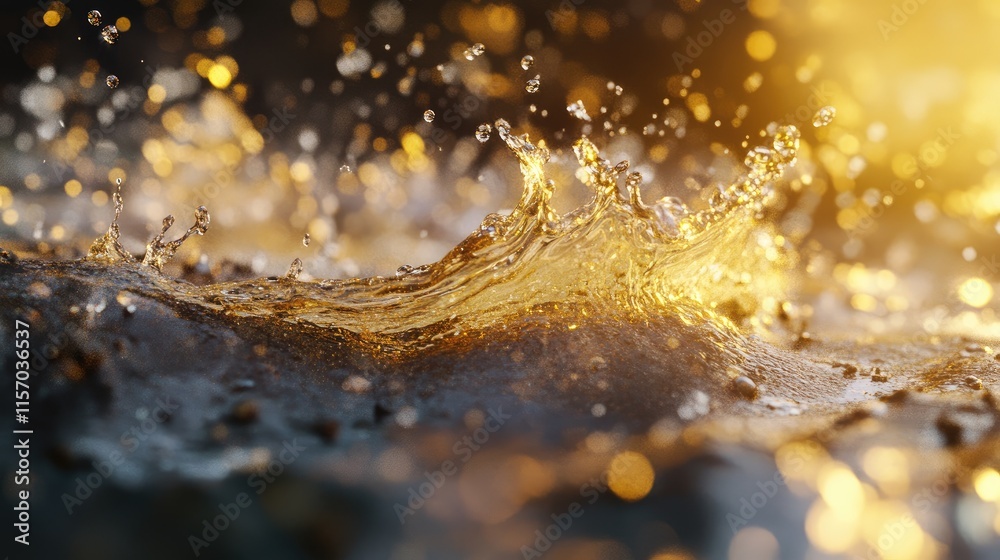 Poster Golden Water Splash with Background Bokeh Effect in Dynamic Motion and Warm Light Highlights