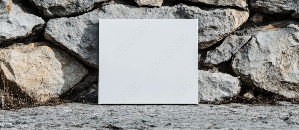 Poster blank canvas on a rustic stone wall ideal for artistic inspiration and creative projects in a natura
