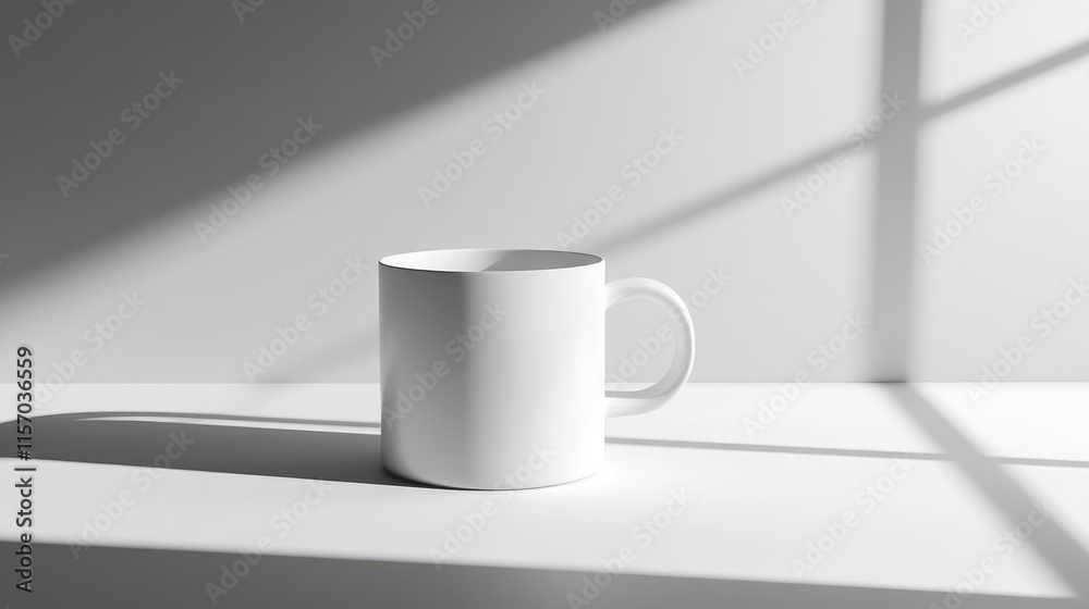 Poster Minimalistic white tea mug casting shadows in bright light creating a serene and modern atmosphere on a subtle grey background