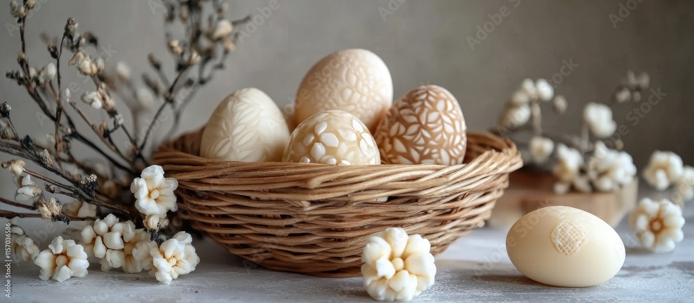 Poster elegant arrangement of wax painted easter eggs in a wicker basket adorned with flowers and delicate 