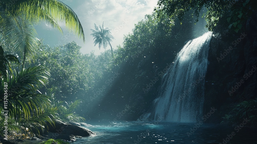 Poster serene winter waterfall cascading through lush rainforest with tropical vegetation and soft sunlight