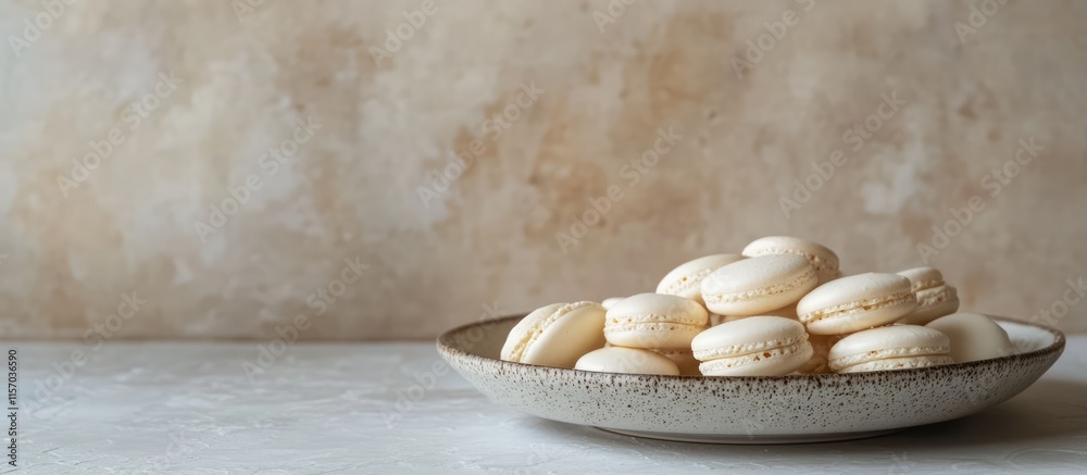 Poster Delicate white macaroons elegantly displayed on a rustic plate against a soft textured background showcasing bakery artistry.