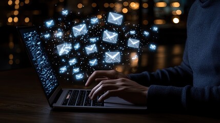 Man's hands actively typing on a laptop while a blue envelope icon illustrates email marketing in a contemporary workspace setting
