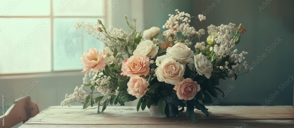 Aufkleber delicate floral arrangement on a rustic table creating a warm vintage ambiance in soft natural light