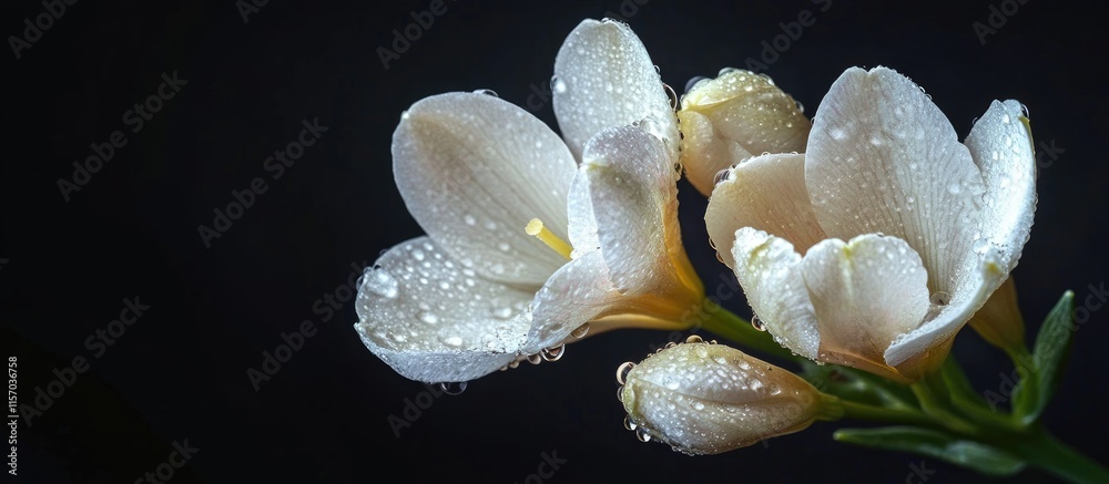 Poster White freesia flower and buds glistening with dew drops on a dark background creating an elegant and tranquil floral composition