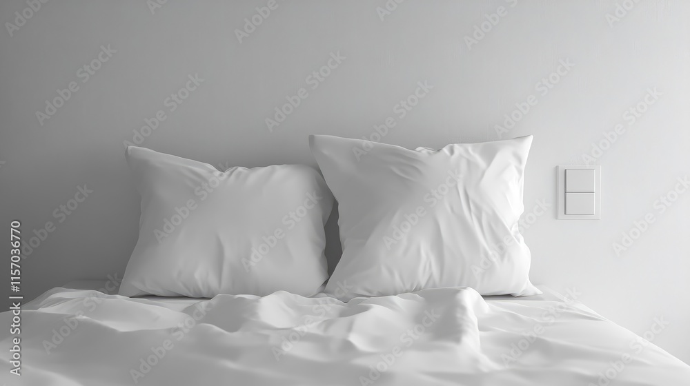 Poster minimalist bedroom with white pillows on a pristine white bed and a light switch nearby creating a s