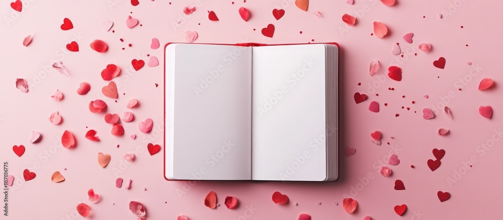 Poster empty notebook surrounded by heart confetti on a pink background representing love and creativity fo